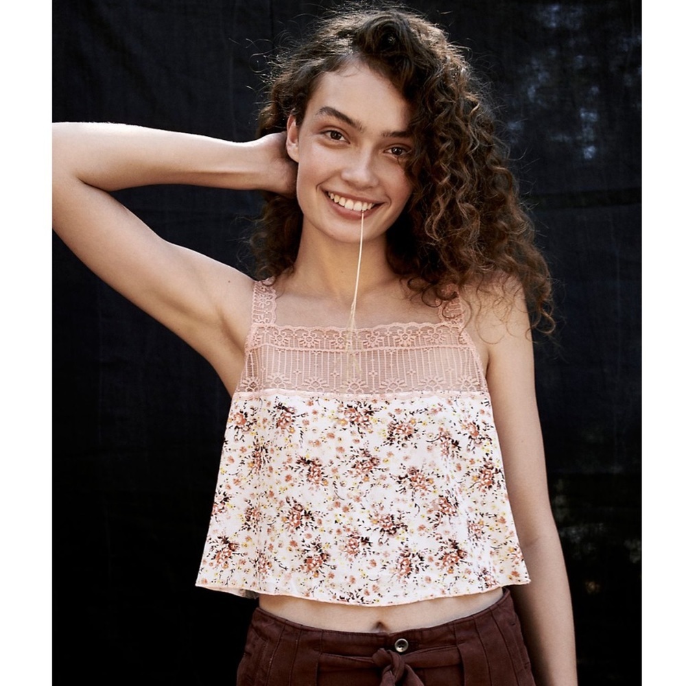 🍑 FREE PEOPLE Peach Floral Lace Sleep Lounge Reversible Cami Tank Top - Picture 2 of 16